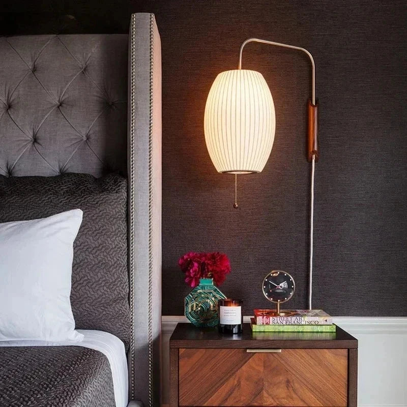 Modern Japanese Style Wall Lamp with Pull Chain Walnut Wood Base Silk Shade LED