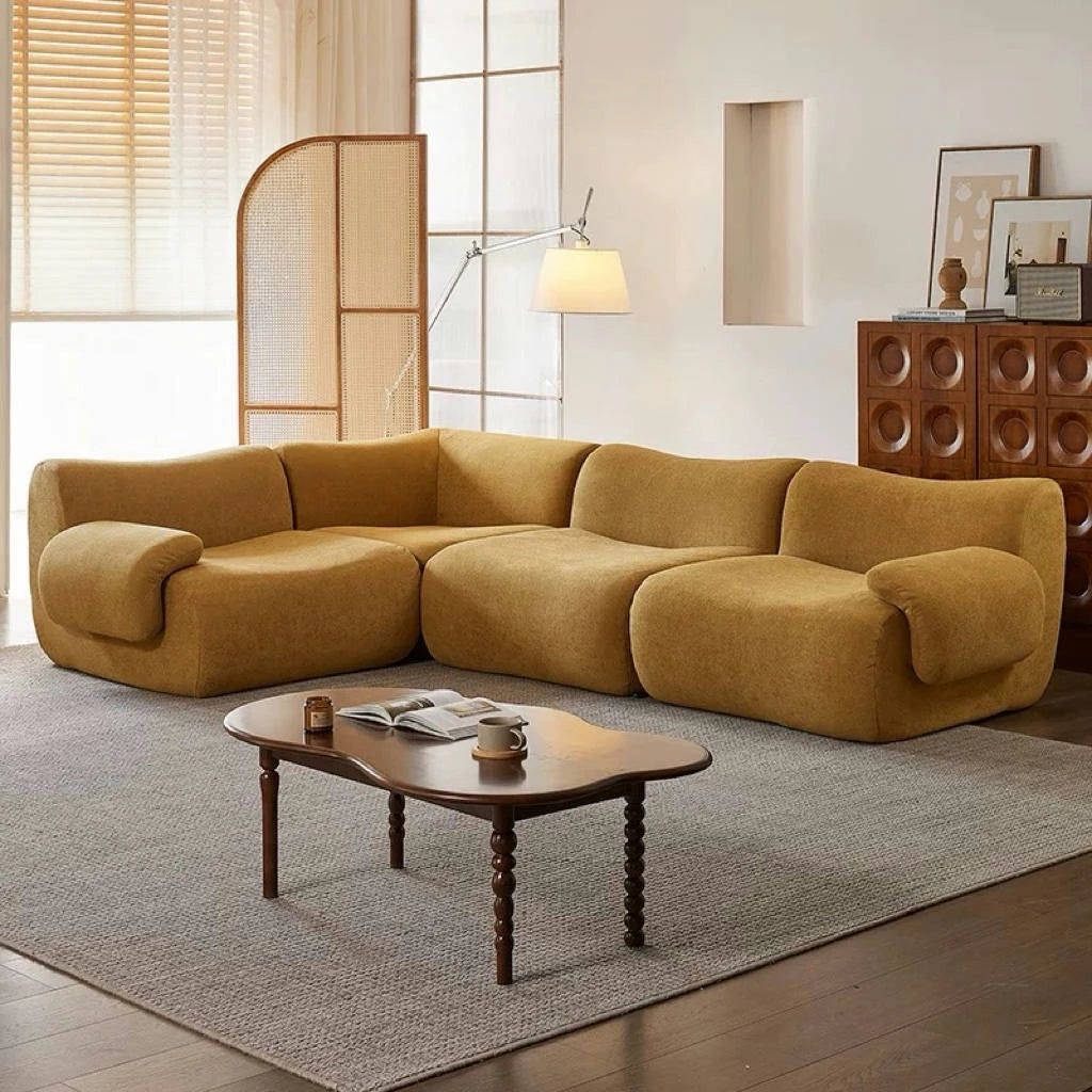 Vacuum-Compressed Modular Sofa, Wabi-Sabi Sherpa Fabric Sectional with High-Elastic Foam, Cream Mid-Century Style,