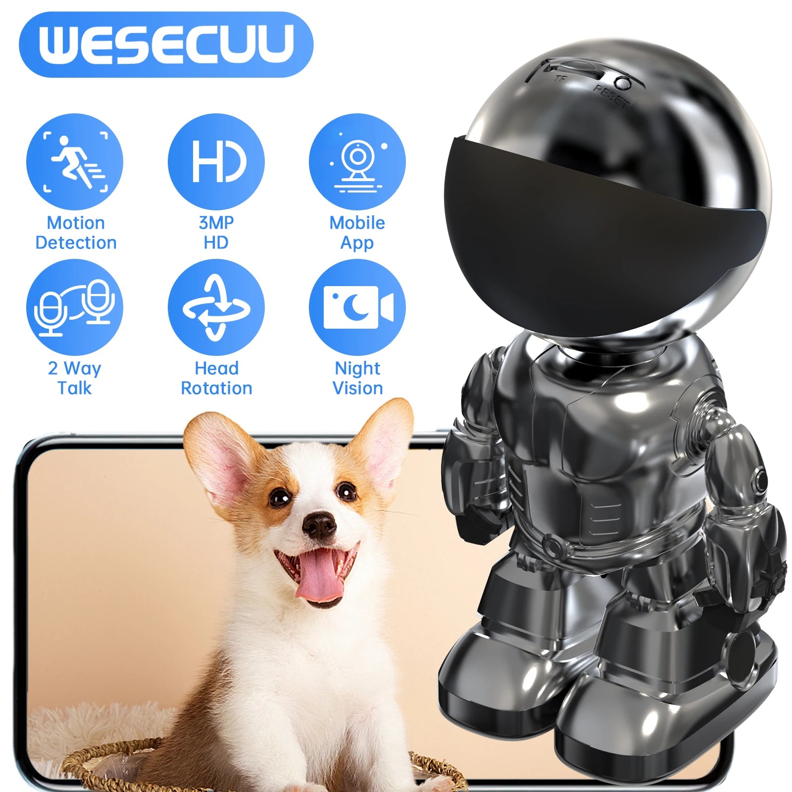 WESECUU  Robot Camera Wifi 3MP Indoor Home Security Camera Night Vision Two Way Audio Auto Tracking Indoor Baby Monitor