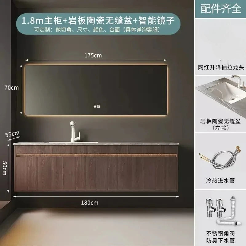 Light Luxury Vanity, Modern Solid Wood Bathroom Sink Cabinet, Rock Slab Integrated Washbasin