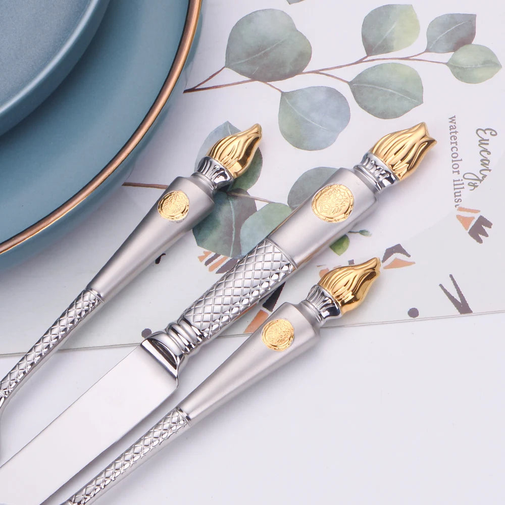 4 Pieces Tableware Set Stainless Steel Dinnerware Luxury Cutlery Vintage Knife Spoon Fork Set Kitchen Utensils Sliver Flatware