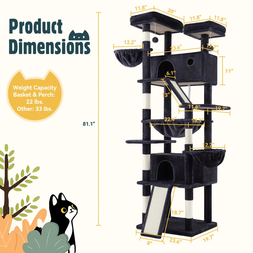 HOOMIC 81-Inch Multi-Level Tall Cat Tree for Indoor Cats/ Large Cat Tower with Plush Condo/ Hanging Hammock & Basket/ Comfortable Cat Perches/ Sisal Scratching Posts/ Sturdy Base/ Spacious Play House/ Pet Furniture/ Free Ship