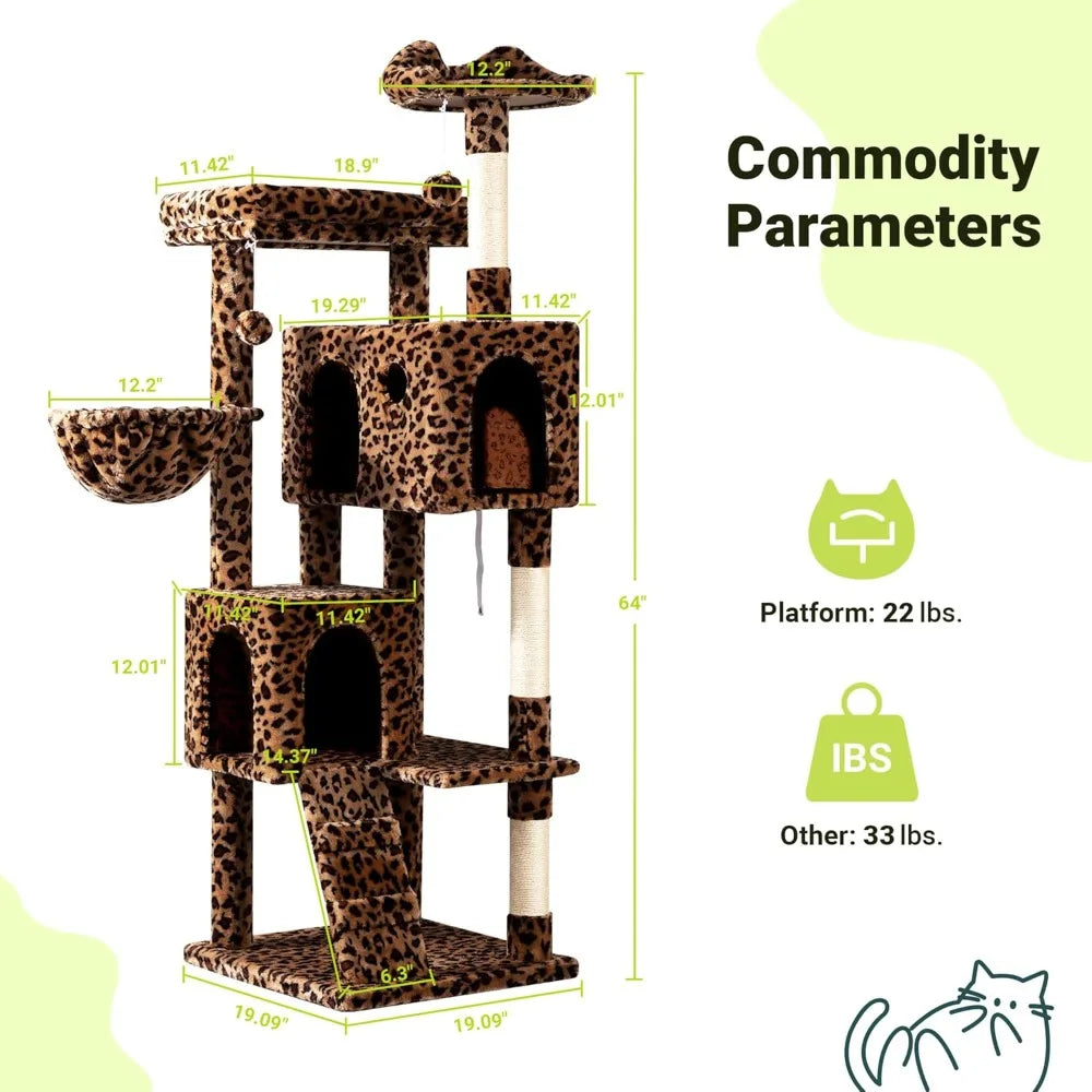 64 Inch Large Cat Tree with Plush Condos Perches Basket House Sisal Scratching Posts and Hanging Toys for Big Cats