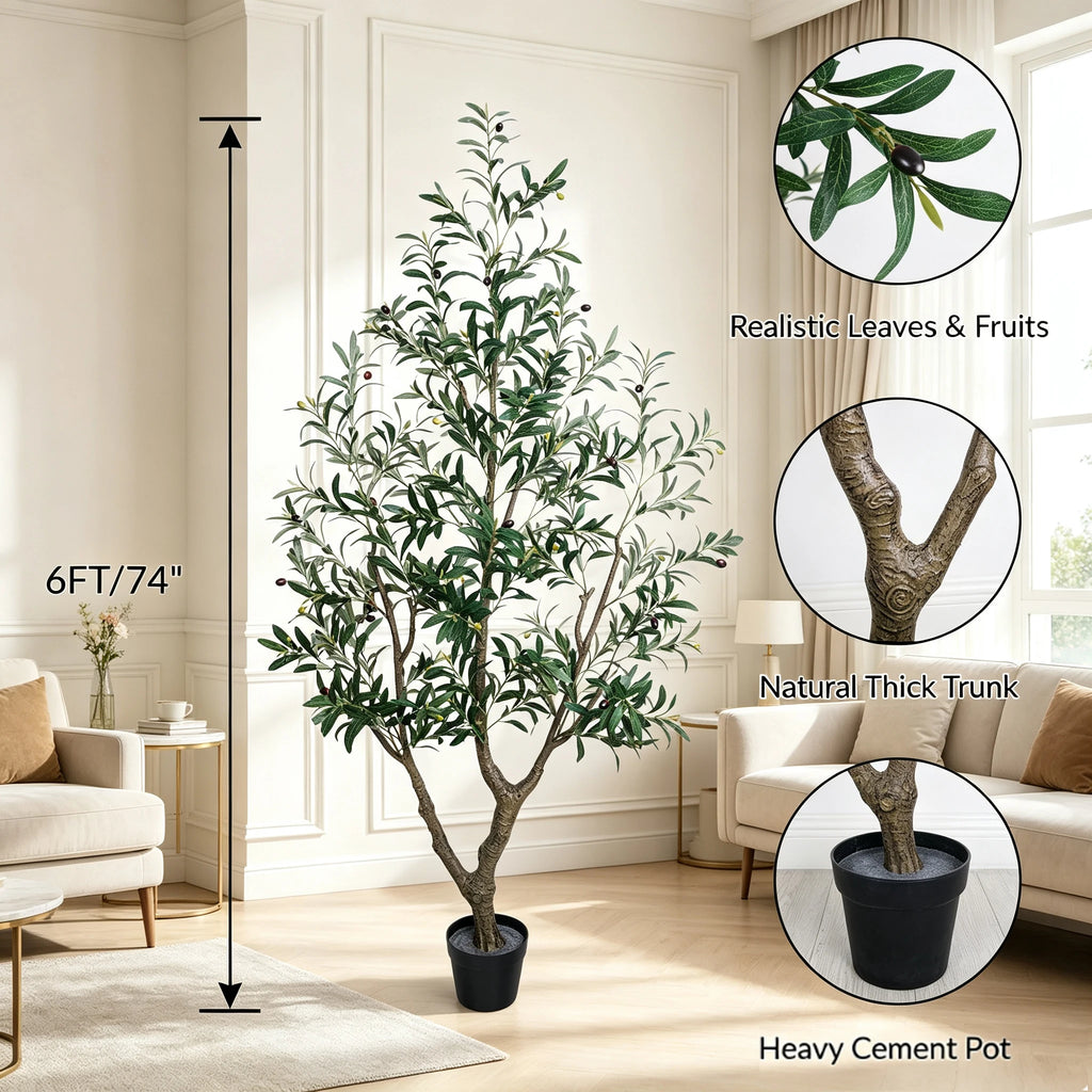 1.5/1.8/2.1m Artificial Olive Tree with Black Pot, Outdoor Indoor Artificial Plant with Natural Wood Trunk and Lifelike Fruits