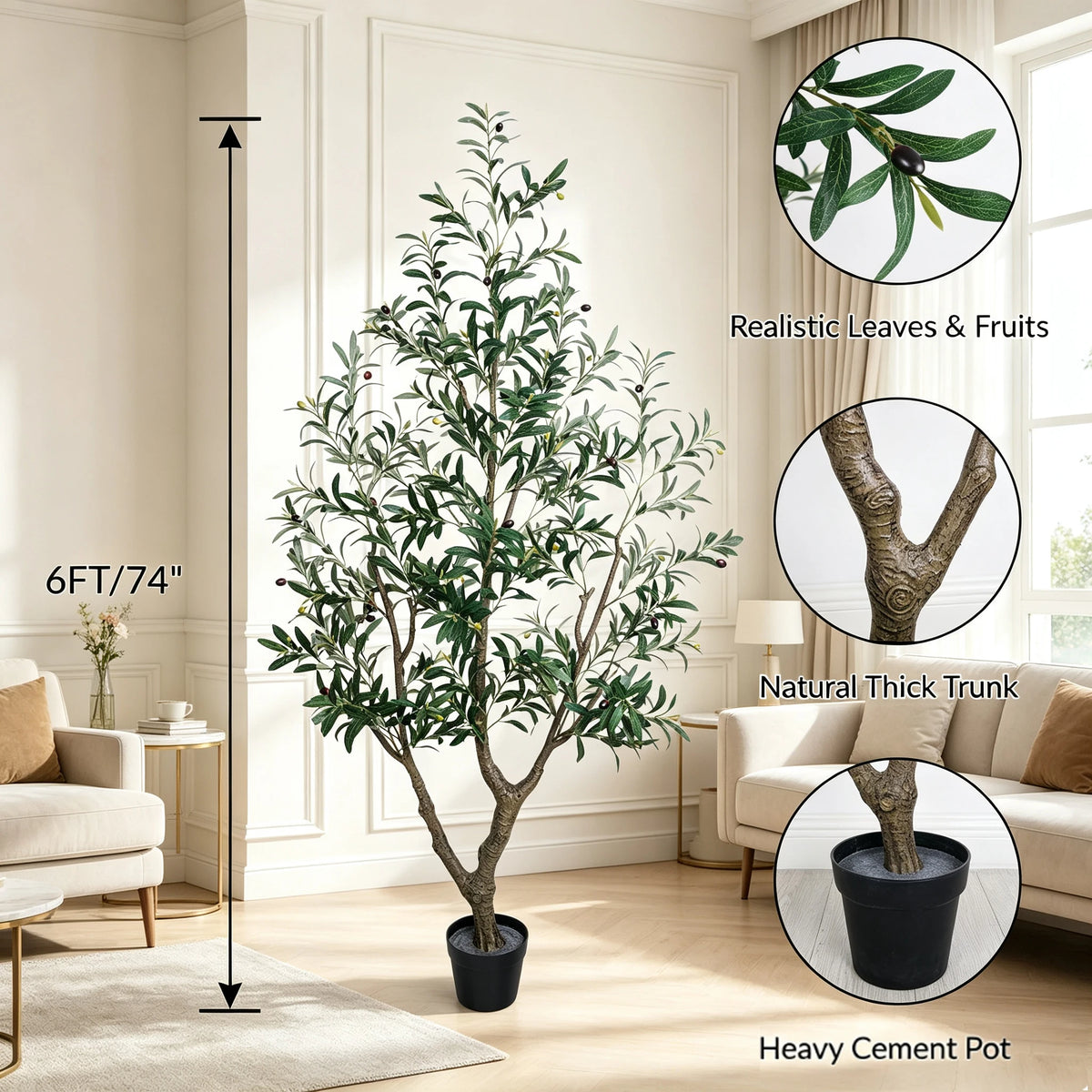 1.5/1.8/2.1m Artificial Olive Tree with Black Pot, Outdoor Indoor Artificial Plant with Natural Wood Trunk and Lifelike Fruits