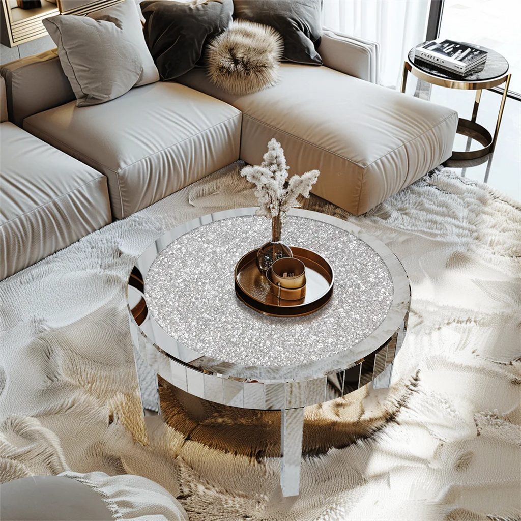 Luxury Silver Round Mirrored Coffee Table, Elegant Accent Side Table with Glass Tabletop