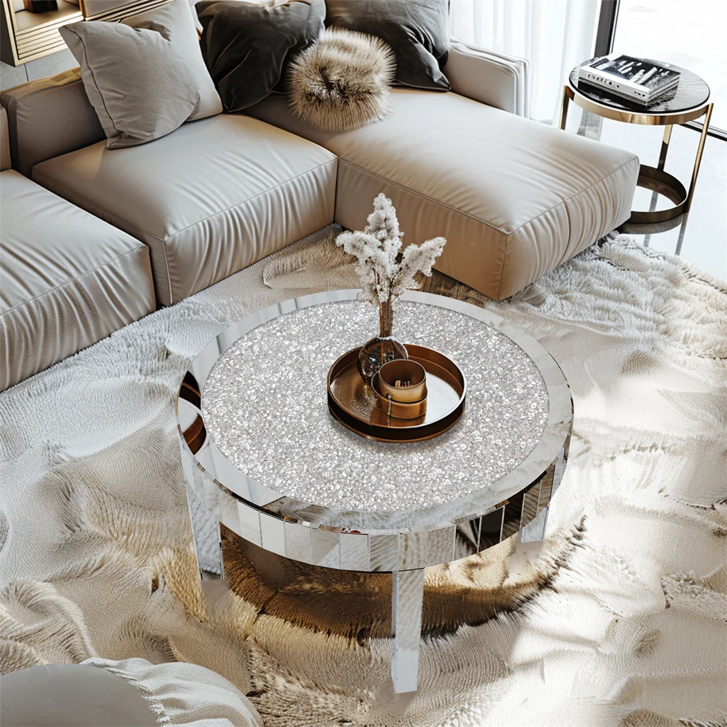 Luxury Silver Round Mirrored Coffee Table, Elegant Accent Side Table with Glass Tabletop