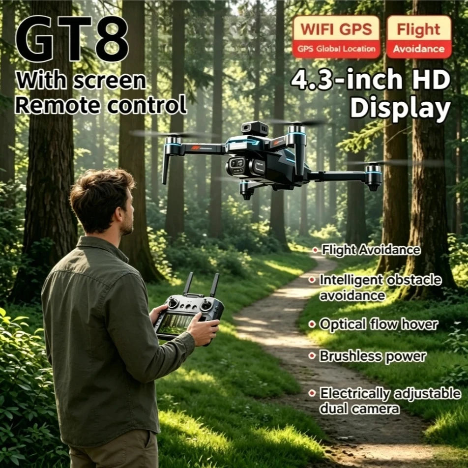 Original GT8 Drone, 4K 8K Professional Camera Obstacle Avoidance FPV Foldable RC Drone with Large Screen, Remote Control