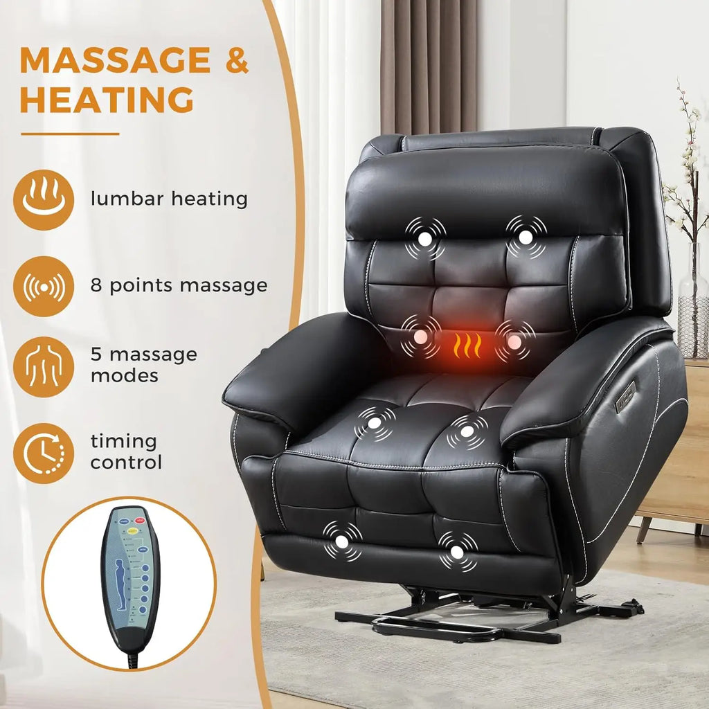 Dual Motor Power Lift Recliner, 26in Wide, Heat Massage, Leather Lay Flat, USB