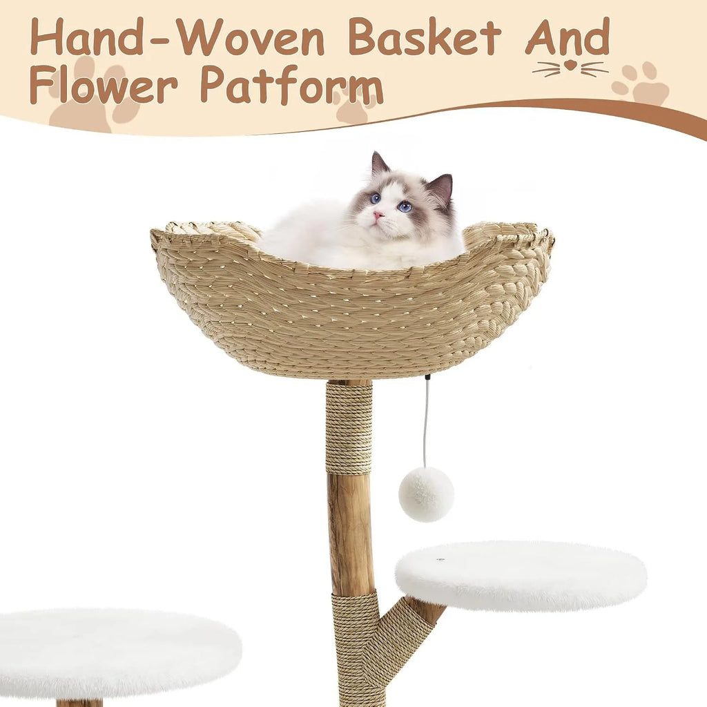 43 Inch Wooden Cat Tree Tower with Rattan, Large Cat Climbing Furniture, Multi-Level Activity Center with Perches,