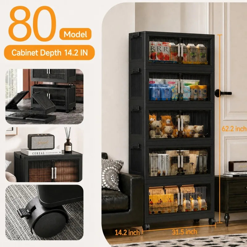 Foldable Storage Cabinets with Wheels, Stackable Plastic Storage Organizers with Transparent Flap Doors,