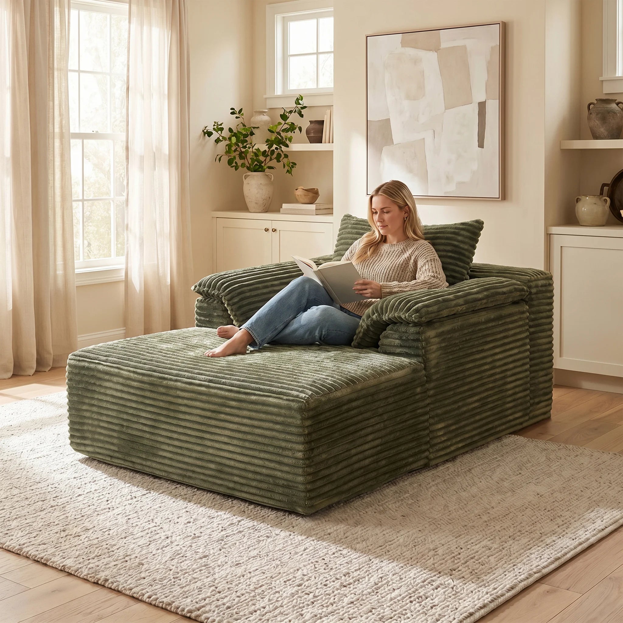 67" Oversized Sofa Bed, Corduroy Fabric Lounge Chair with Armrests & Pillows, Soft Cushioned Comfort Sleeper Reading Chair, Ideal for Living Room, Bedroom, Home Theater