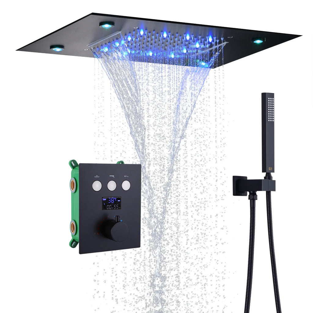 Concealed Brass Shower, LED Thermostatic digital display, showerheads set into the Wall, concealed showerhead in ceiling