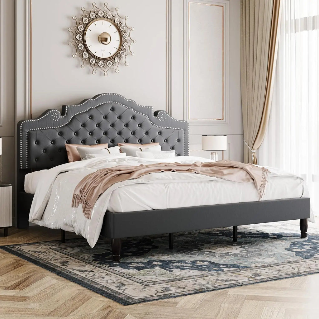 Velvet King Platform Bed Frame Adjustable Headboard, Wood Slat Support