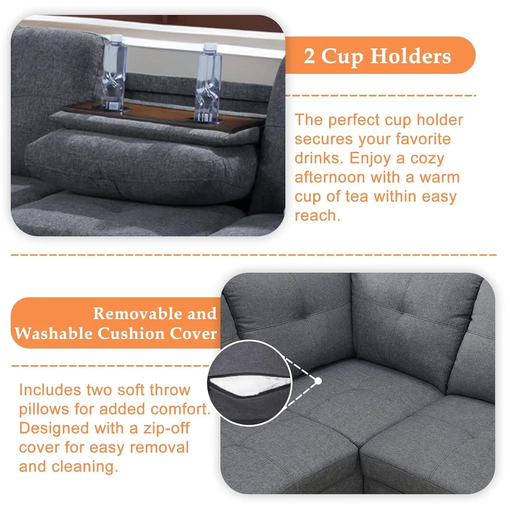 Modern L-Shape Sectional Sofa Chaise & Ottoman, 2 Pillows, Cup Holder