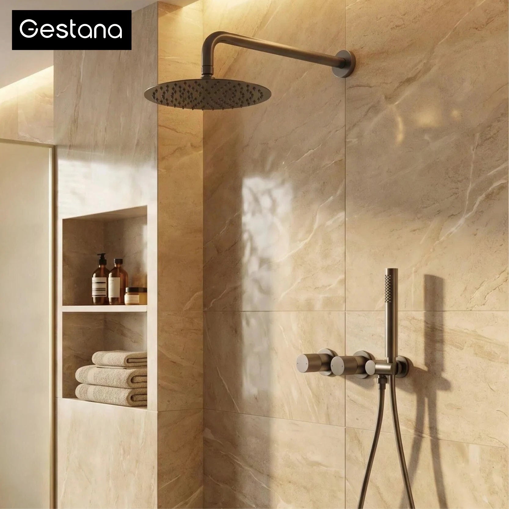 Luxury brass wall mounted shower system, embedded design with dual control hot and cold-water bathroom faucet, 48 variants