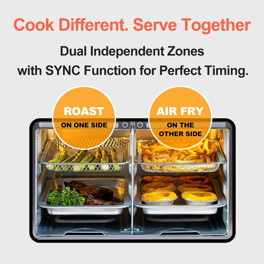 Dual-Zone Air Fryer Toaster Oven Combo, 28 QT Extra Large, Non Toxic Stainless Steel Convection Oven with French Door