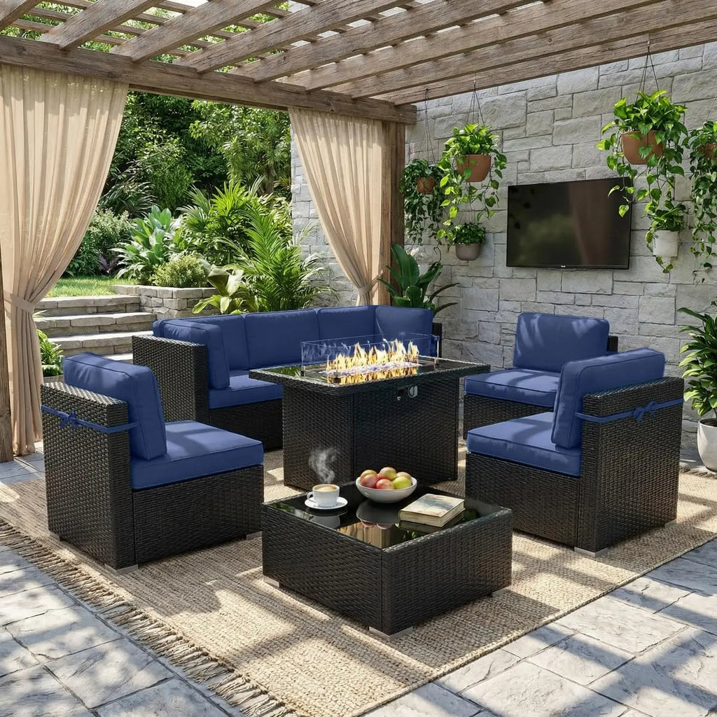 8 Piece Patio Furniture Set with 44" Propane Gas Fire Pit Table,