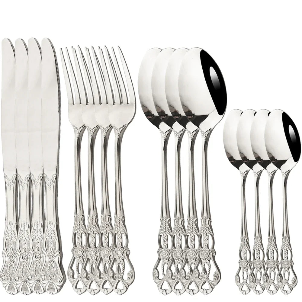 16Pcs  Dinnerware Set Vintage Stainless Steel Tableware Dinner Knife Fork Dessert Spoon Cutlery Set Kitchen Flatware