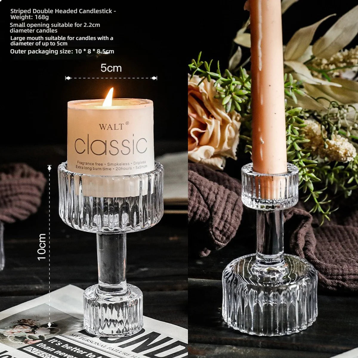 Glass Candle Wick Holder Clear Pillar Table Design Candlestick for Dining Decor