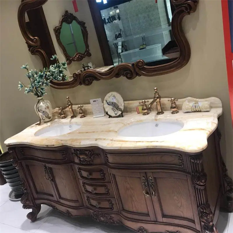 60 inch Double Sink European Bathroom Vanity Cabinet, Nordic American Red Oak Marble
