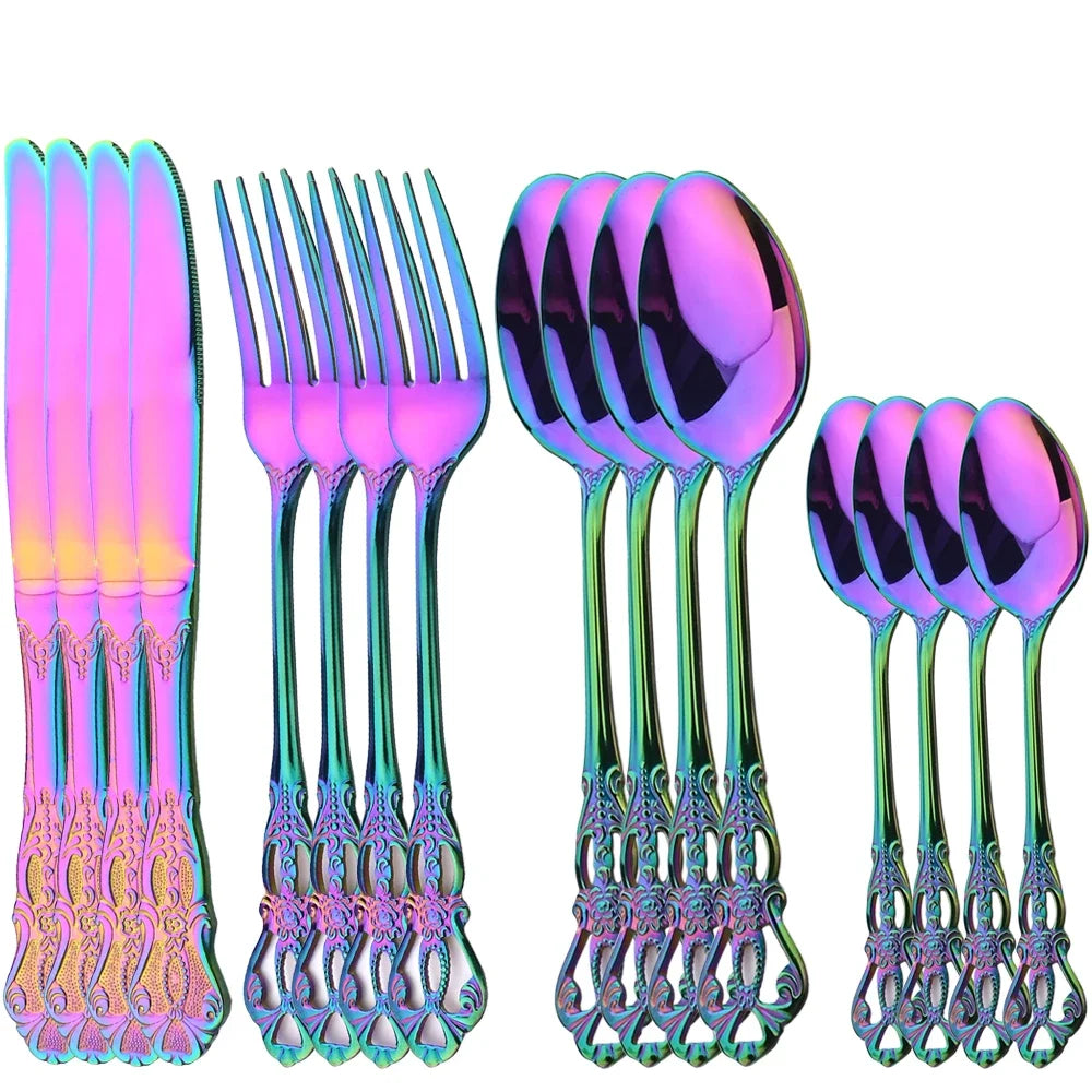 16Pcs  Dinnerware Set Vintage Stainless Steel Tableware Dinner Knife Fork Dessert Spoon Cutlery Set Kitchen Flatware