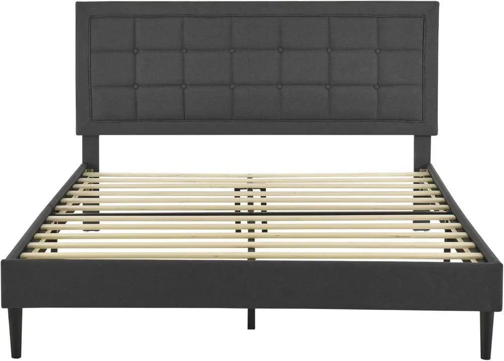 Dark Grey Full Size Upholstered Platform Bed with Button-Tufted Headboard, , Metal Frame & Wood Slat Support