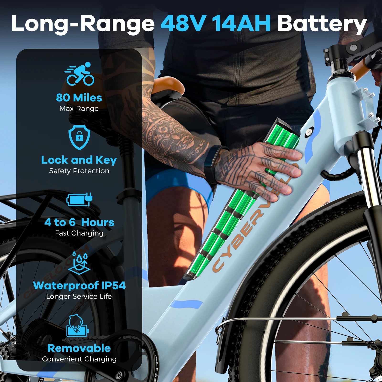 Cybervelo 1000W Peak 26" Electric Bike Adults 80Miles, Removable Battery, 7-Speed Ebike