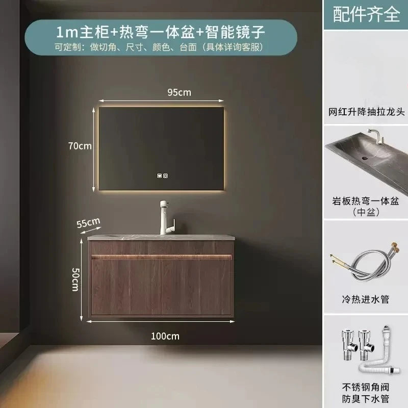 Light Luxury Vanity, Modern Solid Wood Bathroom Sink Cabinet, Rock Slab Integrated Washbasin