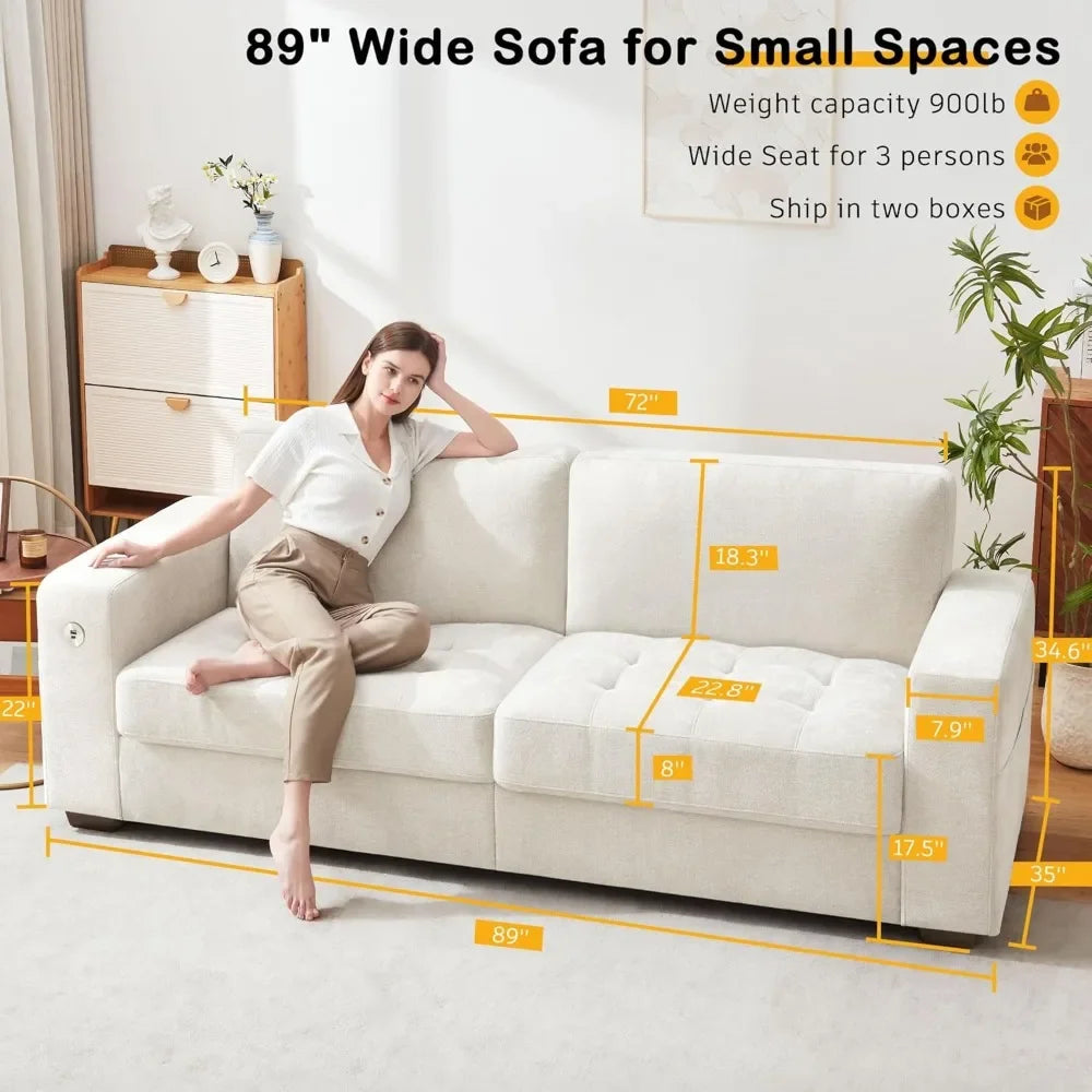 89" Modern Sofa for Small Spaces, Comfy Chenille Fabric with USB/Type-C Ports, Removable Cover & Wide Armrests