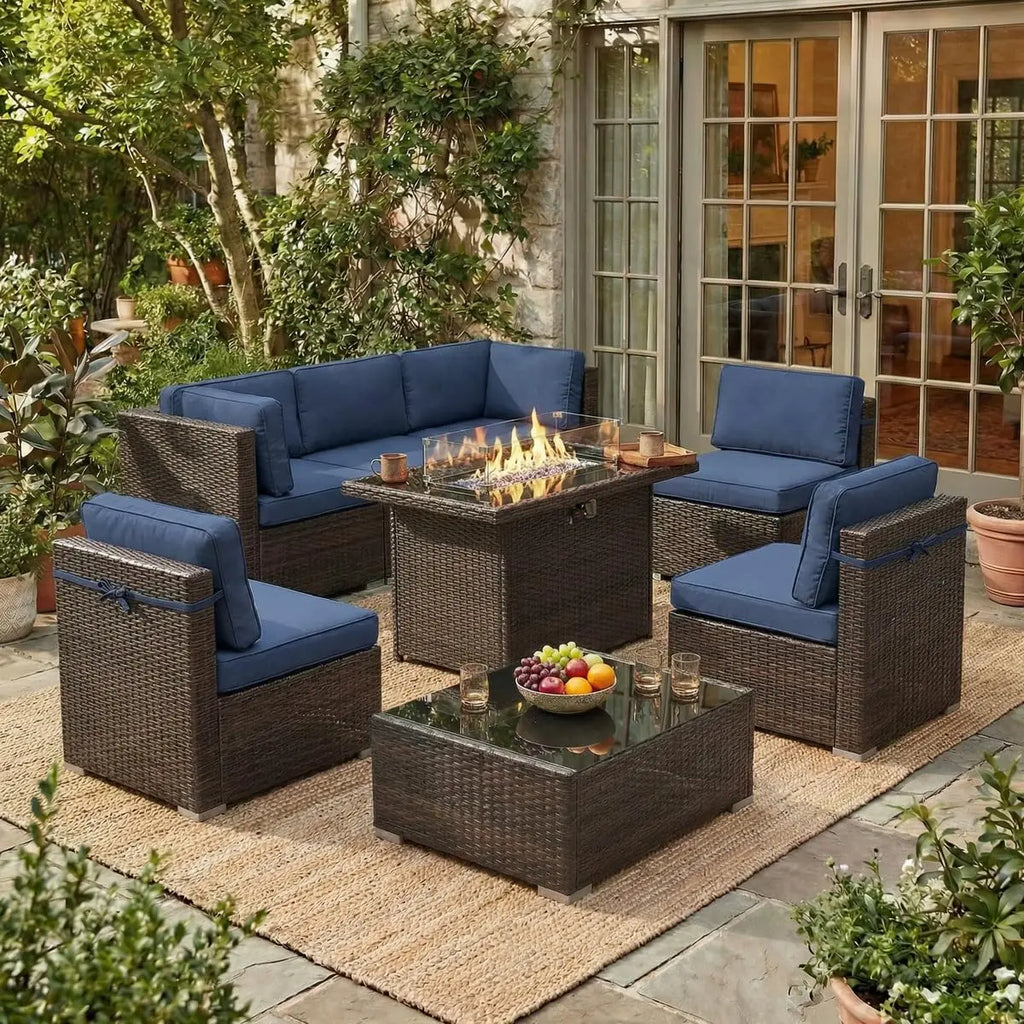 8 Piece Patio Furniture Set with 44" Propane Gas Fire Pit Table,