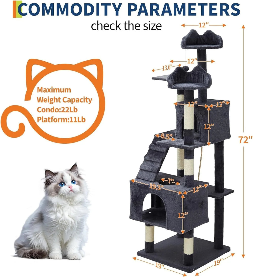 72" Cat Tree for Large Cats, Multi-Level Cat Tower with 6 Sisal Scratching Posts,