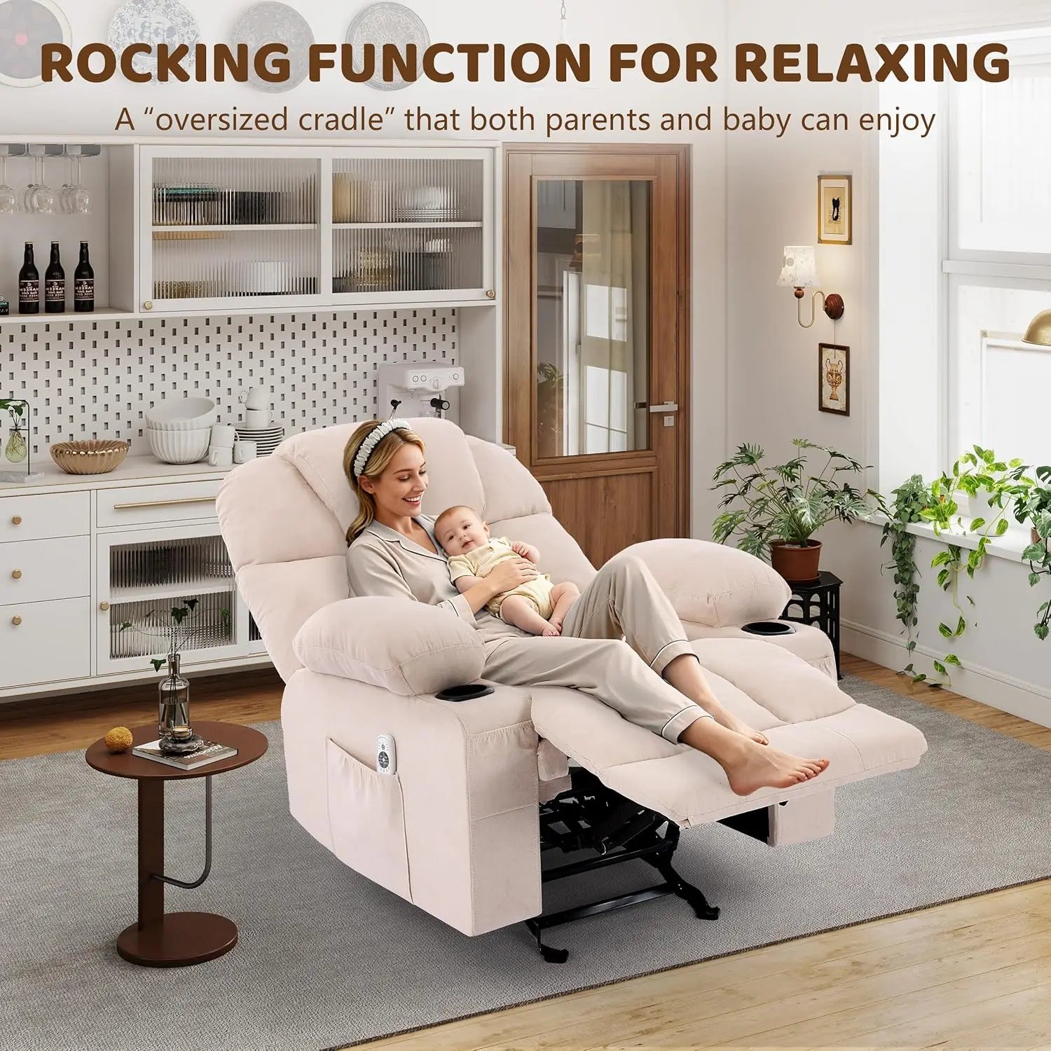 Massage Rocker Recliner Chair with Heat & Vibration, 4 Pockets, 2 Cup Holders, Fabric