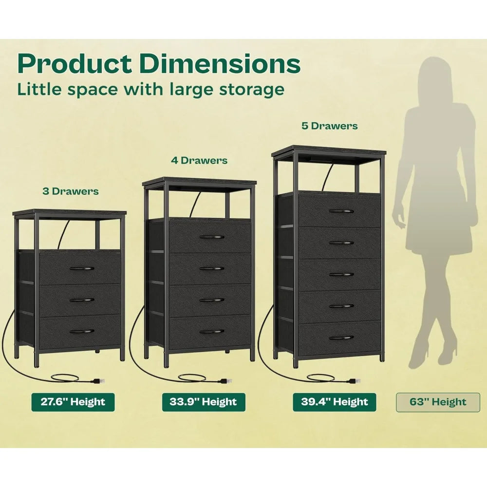 5 Drawers Dresser with Charging Station, Chest of Drawers with Open Shelf