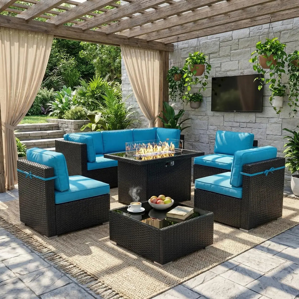 8 Piece Patio Furniture Set with 44" Propane Gas Fire Pit Table,