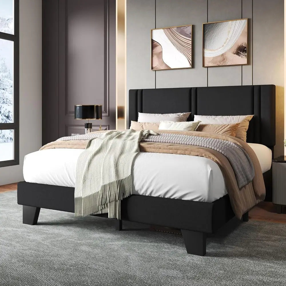 Einhomn Upholstered full Size Bed with Linen fabric board, Strong Wooden Slats Support, No Box Spring Needed, Black