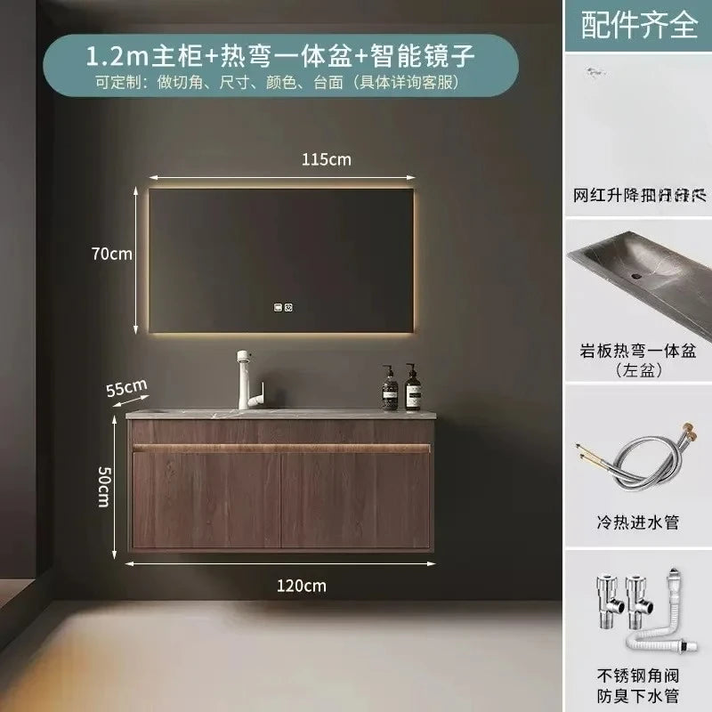 Light Luxury Vanity, Modern Solid Wood Bathroom Sink Cabinet, Rock Slab Integrated Washbasin