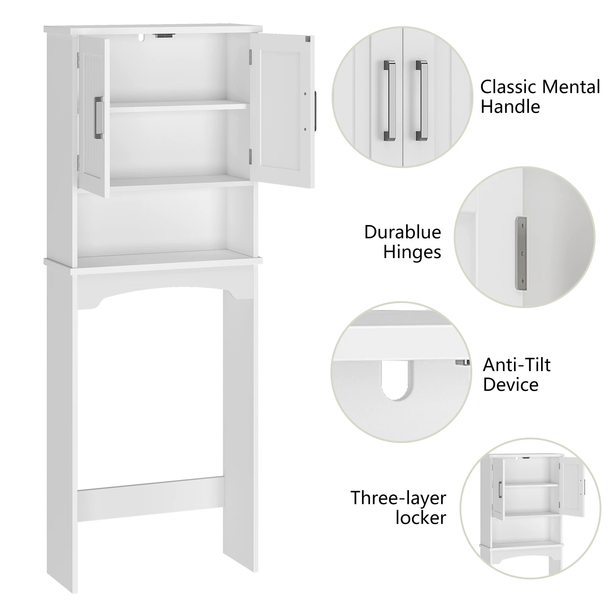 Over The Toilet Storage Cabinet with Double Doors and Anti-Tip Device, Above Toilet Bathroom Organizer with Open Shelf, Taller
