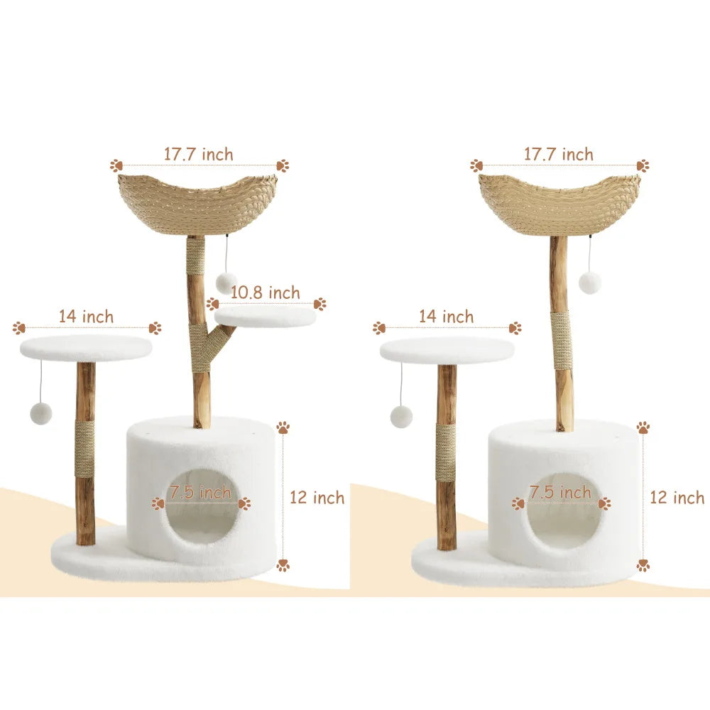 43 Inch Wooden Cat Tree Tower with Rattan, Large Cat Climbing Furniture, Multi-Level Activity Center with Perches,