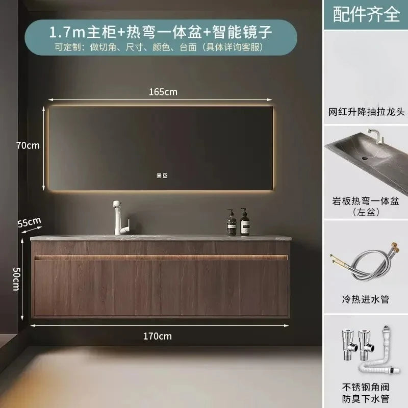Light Luxury Vanity, Modern Solid Wood Bathroom Sink Cabinet, Rock Slab Integrated Washbasin