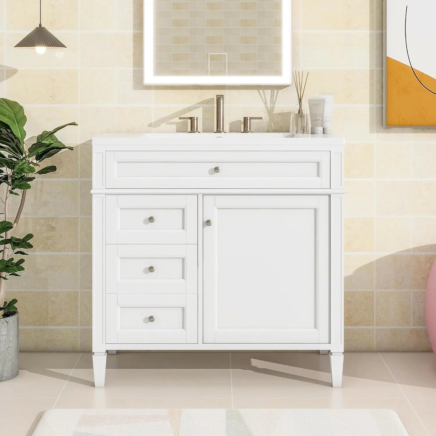 36'' Bathroom Storage Cabinet Vanity with Single Sink with 2 Drawers, 1 Pull Down Drawer and 1 Door