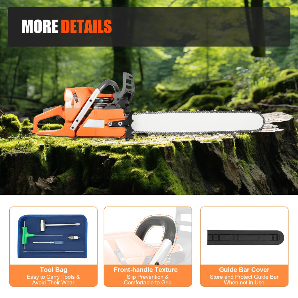 Gas Chainsaw, 71.8CC 3.9KW 2800RPM 24in Alloy Guide Bar Manganese Steel Quenched Chain Petrol Logging Saw