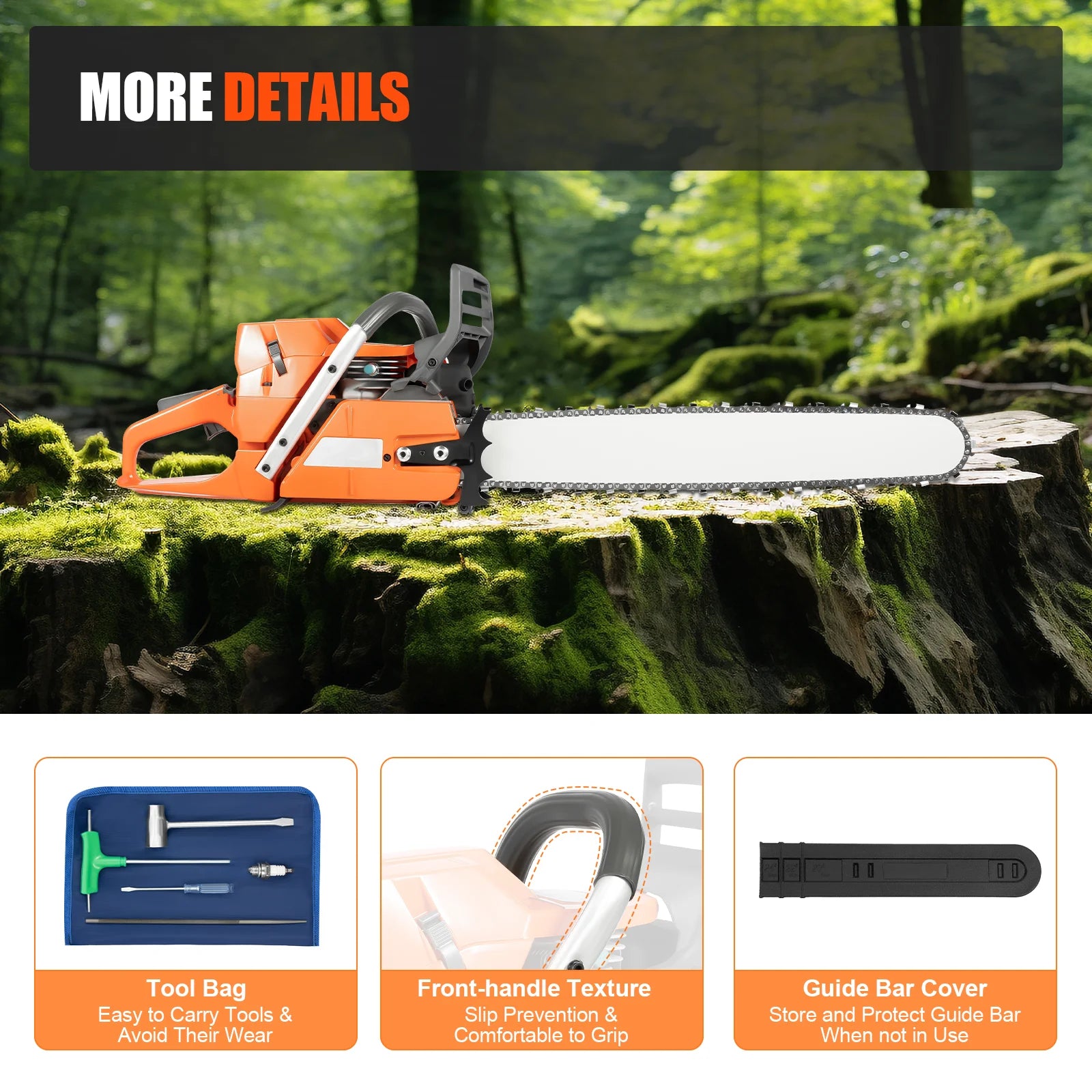 Gas Chainsaw, 71.8CC 3.9KW 2800RPM 24in Alloy Guide Bar Manganese Steel Quenched Chain Petrol Logging Saw