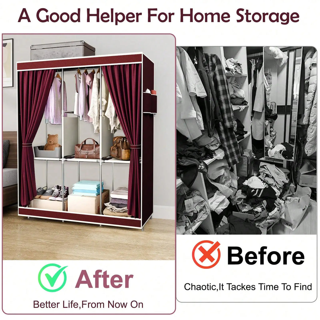65" Portable Wardrobe Closet with Shelves & Hanging Rod, Large Capacity Cloth Storage Cabinet with Zipper Cover, Dustproof Non-Woven Fabric Organizer