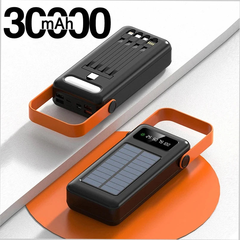 200000mAh Solar Panel Power Bank Fast charging Power Station with Four Wire External Battery Pack with Flashlight For Outdoors