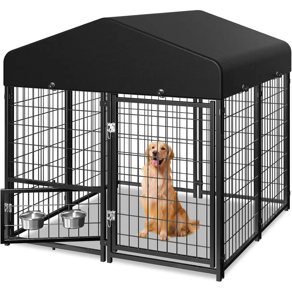 Outdoor Dog Kennel with Roof & Swivel Feeders and Removable Dog Door, Dog Enclosure Run for Medium Large Dogs (5'L x 5'W x 5'H)