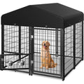 Outdoor Dog Kennel with Roof & Swivel Feeders and Removable Dog Door, Dog Enclosure Run for Medium Large Dogs (5'L x 5'W x 5'H)