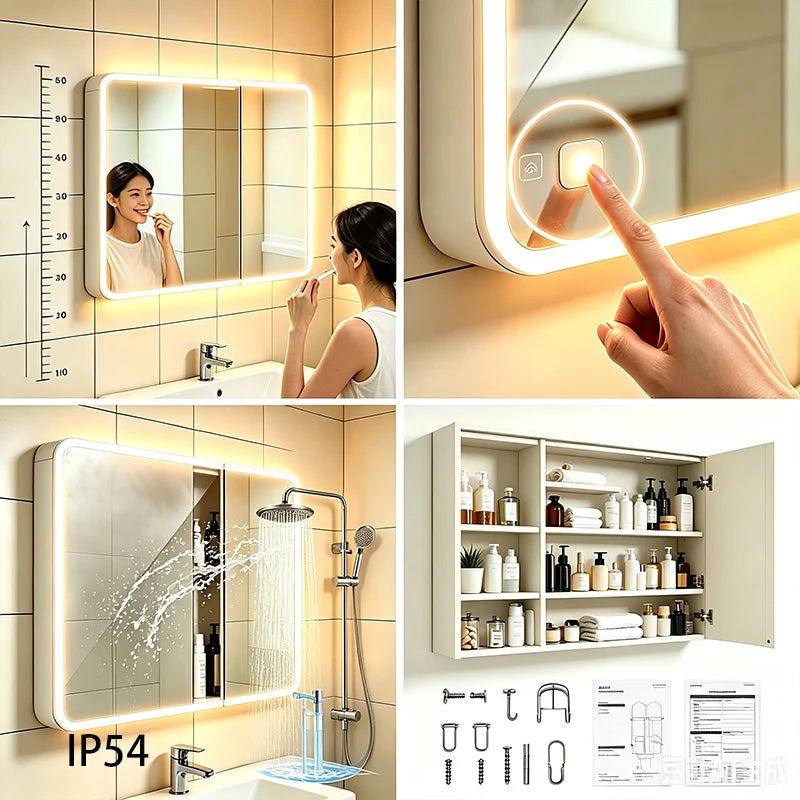 Nordic European Style LED Anti-Fog Wall Mount Smart Bathroom Mirror Cabinet