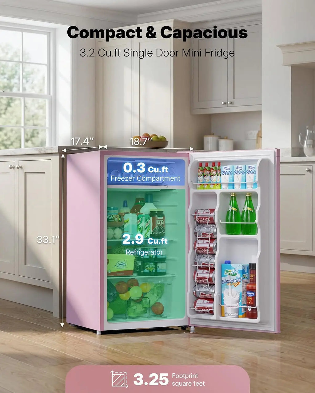 3.2 Cu.Ft Mini Fridge with Freezer, Single Door Compact Refrigerator, Adjustable Thermostat, Small Refrigerator for, Custom