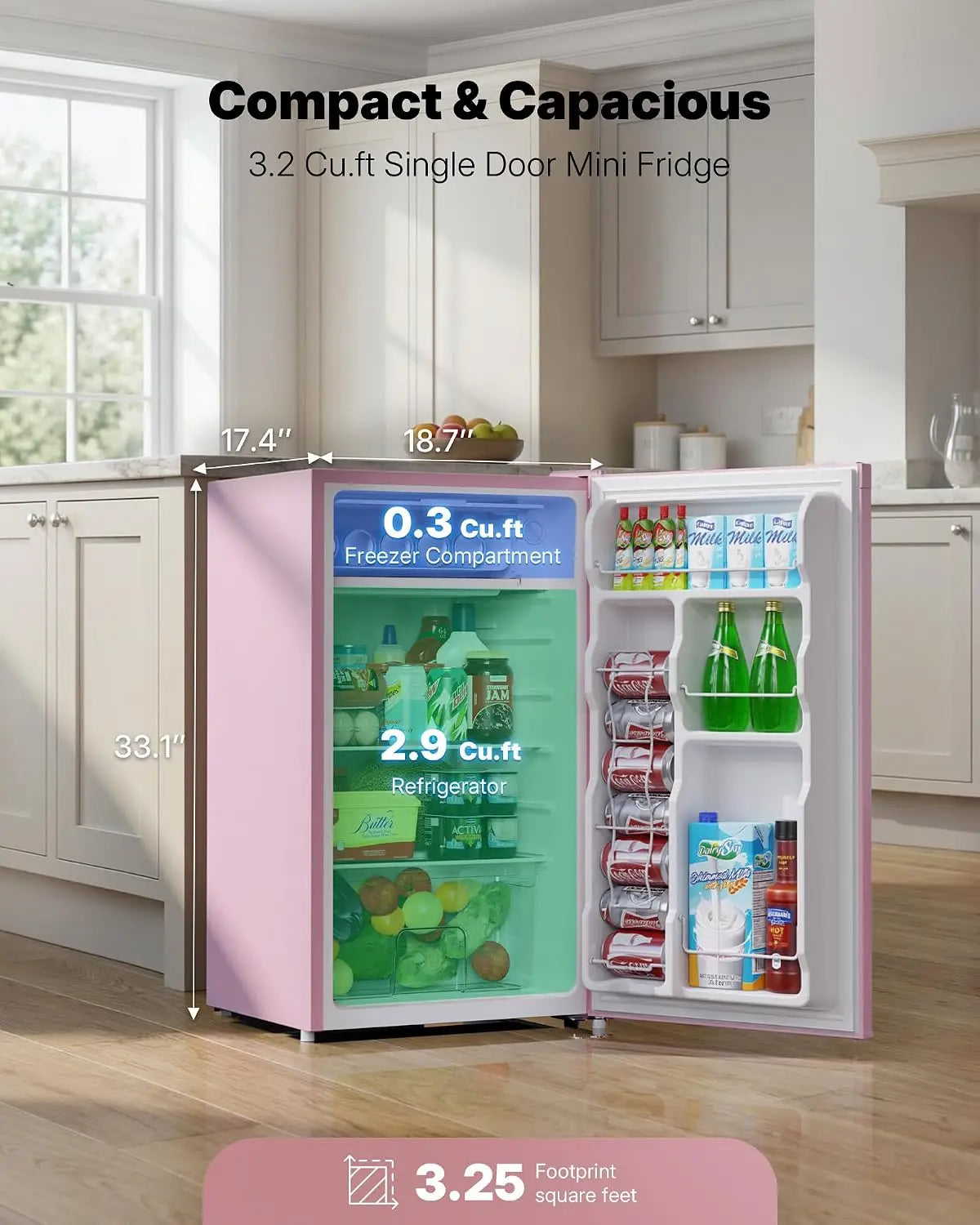 3.2 Cu.Ft Mini Fridge with Freezer, Single Door Compact Refrigerator, Adjustable Thermostat, Small Refrigerator for, Custom